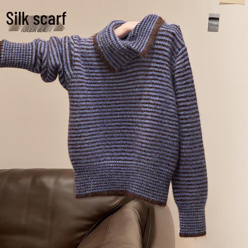 

Women s Wool Blend Striped Color-Block Lapel Sweater One Size