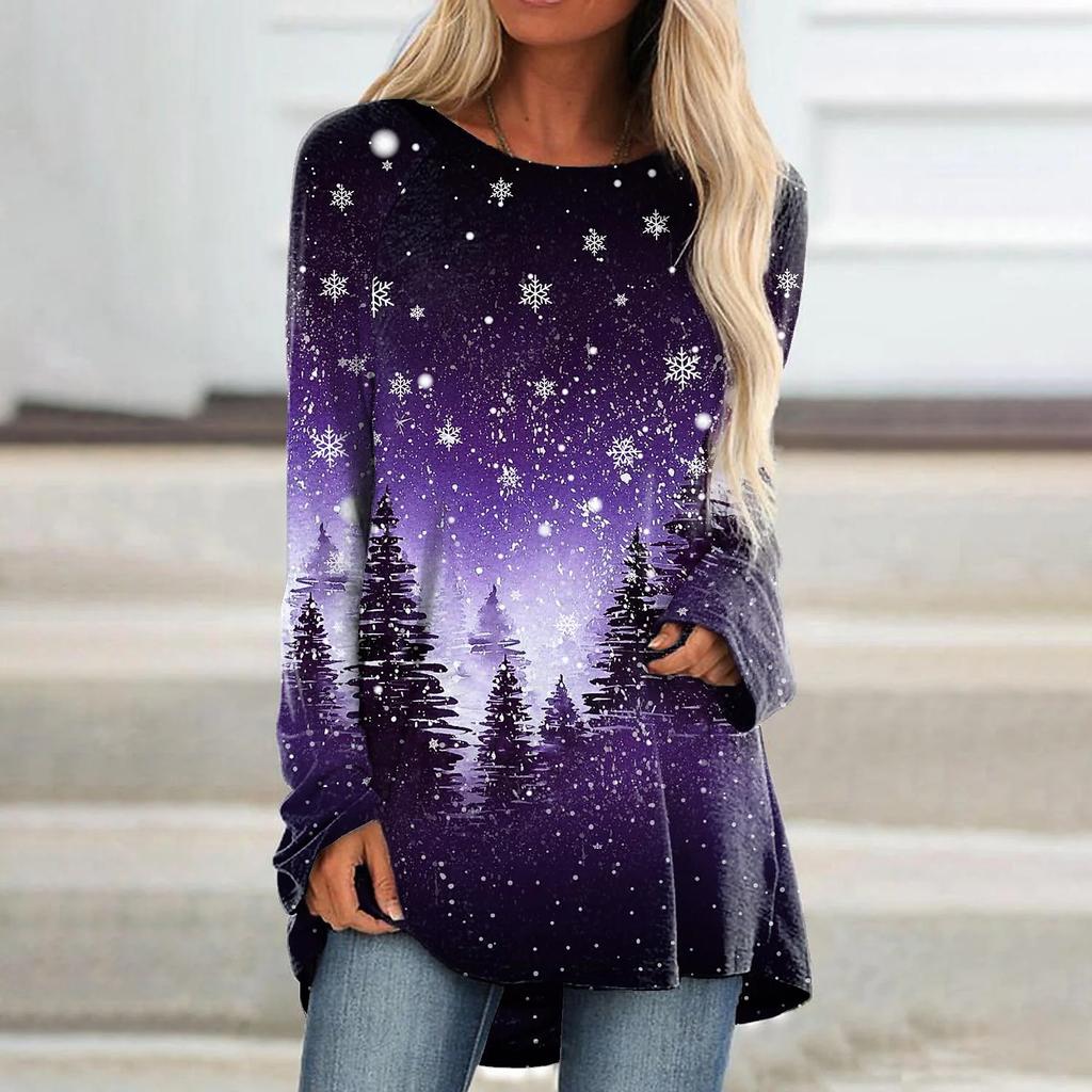 Plus Size Women Spring Tree Printed Comfy Long Sleeve Round Collar T-shirt Casual Baggy Mid Length Tee Tops