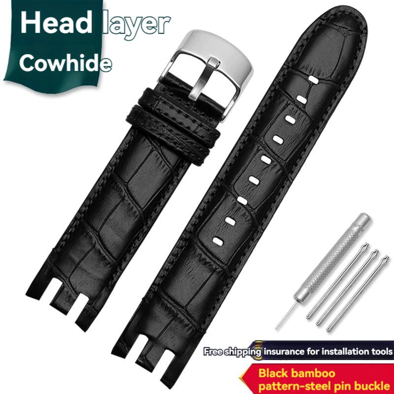Pulsera de Interfaz Curva Dedicada de 21 mm para Reloj Swatch Correa de Cuero de Vaca para Hombre YRS403 YRS412 YRS402g Correa de Piel de Ternero con Herramientas