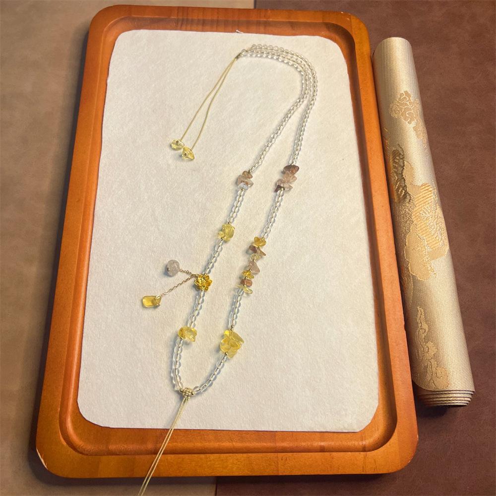 Hand-Woven White Crystal Bead Chain Necklace with Amber Pendant and Jadeite Gold Lanyard