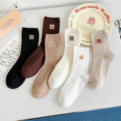 Women's Japanese Style Cartoon Embroidery Knee-High Cotton Socks - Double Needle Mid-Calf for Spring and Autumn