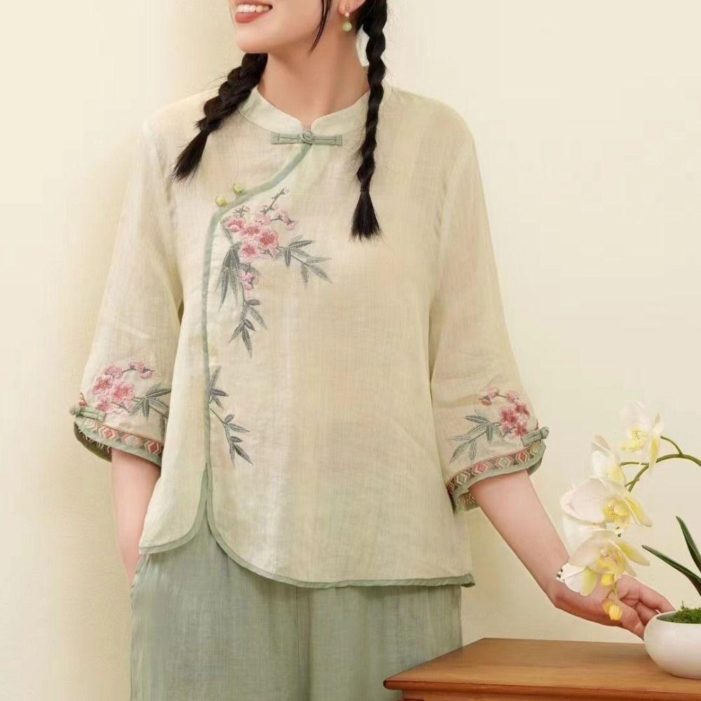 Chinese Style Embroidered Floral Top Frog Button Cotton Linen Shirt Ethnic Style Top Spring/Summer