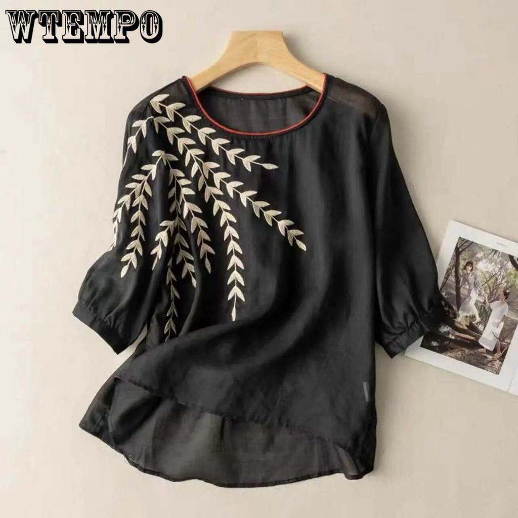 Embroidered Small Shirt Women's Summer Large Loose Literary and Artistic Vintage Round Neck Pullover Short Sleeve T-shirt