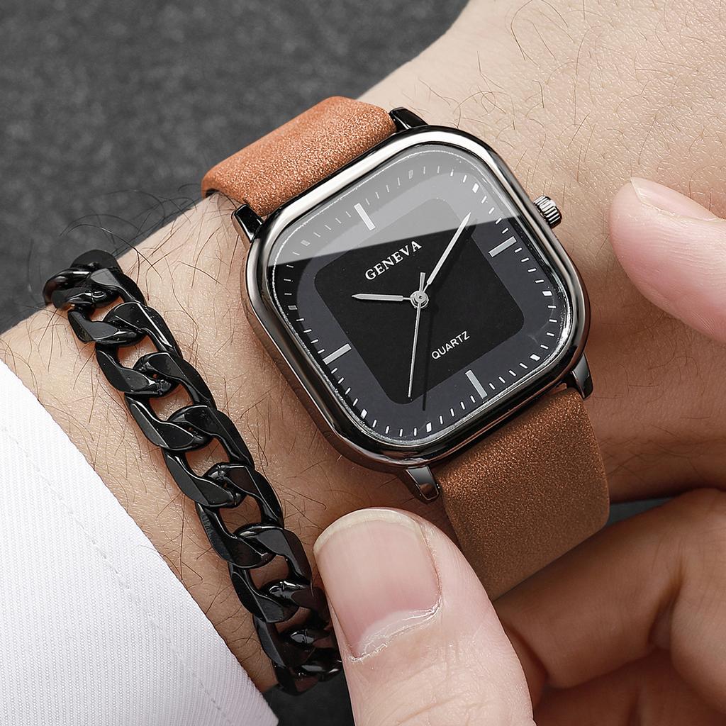 2 peças/conjunto Relógio de Presente Masculino Simples Moda Mostrador de Escala Quadrado Relógio de Quartzo Moderno Bonito + Pulseira ( Caixa não incluída)