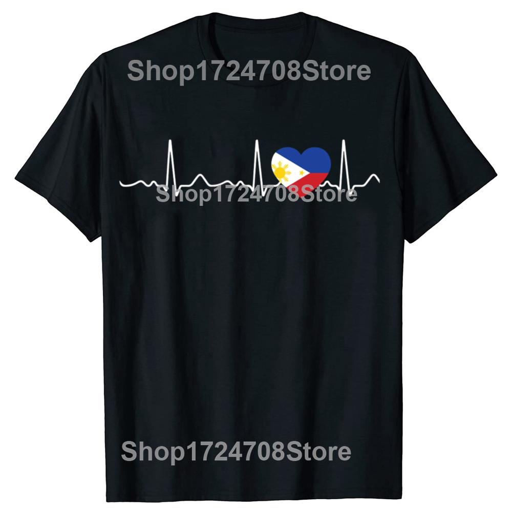 Funny Filipino Heartbeat I Love Philippines Flag Heart T-shirts Men Fashion Casual Tshirt 100% Cotton Loose Oversized T Shirt