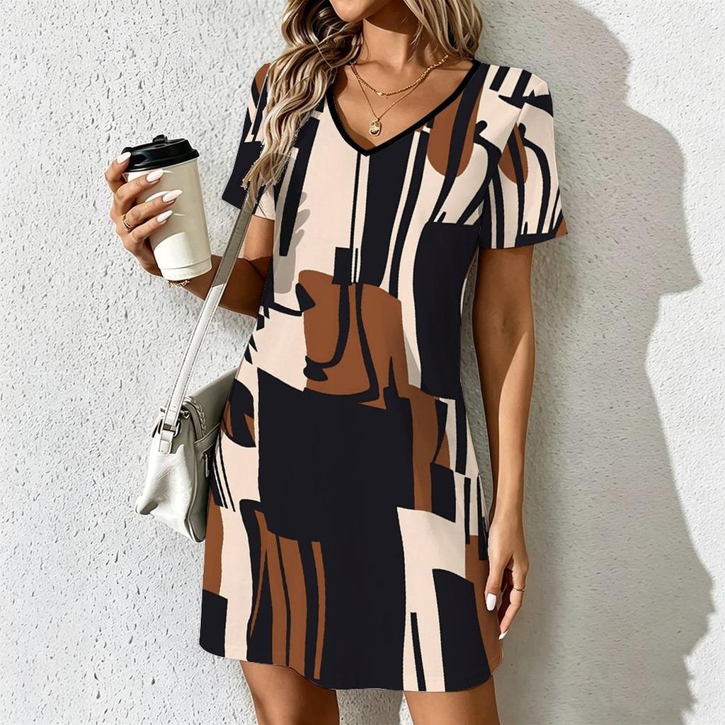 Mode d'été pour femmes Robe à col en V à manches courtes avec imprimé géométrique rétro Jupe courte sexy Robes
