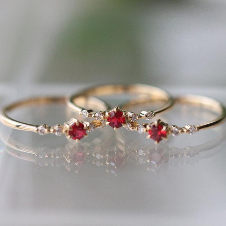 18K Gold Plated Ruby Ring for Women – Elegant Thin Band, European Fashion Engagement Ring, Dainty Gold Jewelry