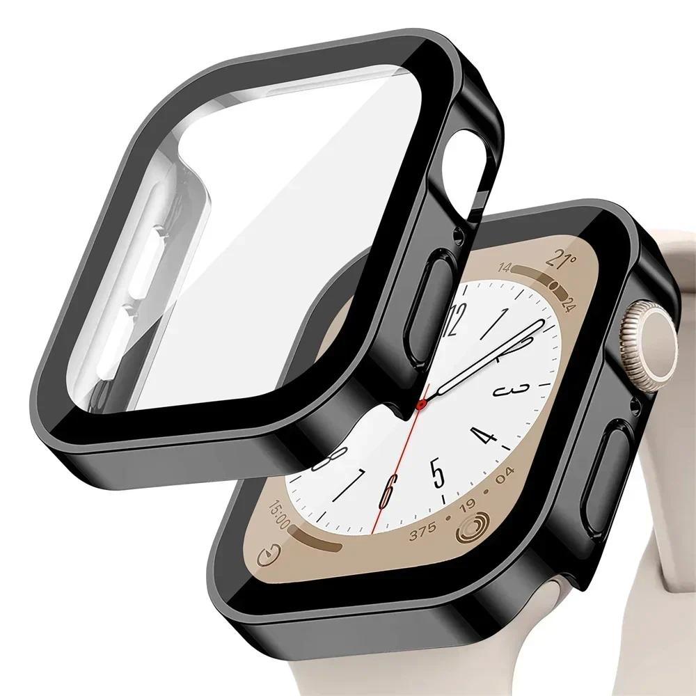 Glass+Case For Apple Watch 42 46mm 45mm 41mm 49mm 44mm 40mm Straight Edge Screen Protector Cover Case iWatch SE 6 7 8 9 10 Ultra