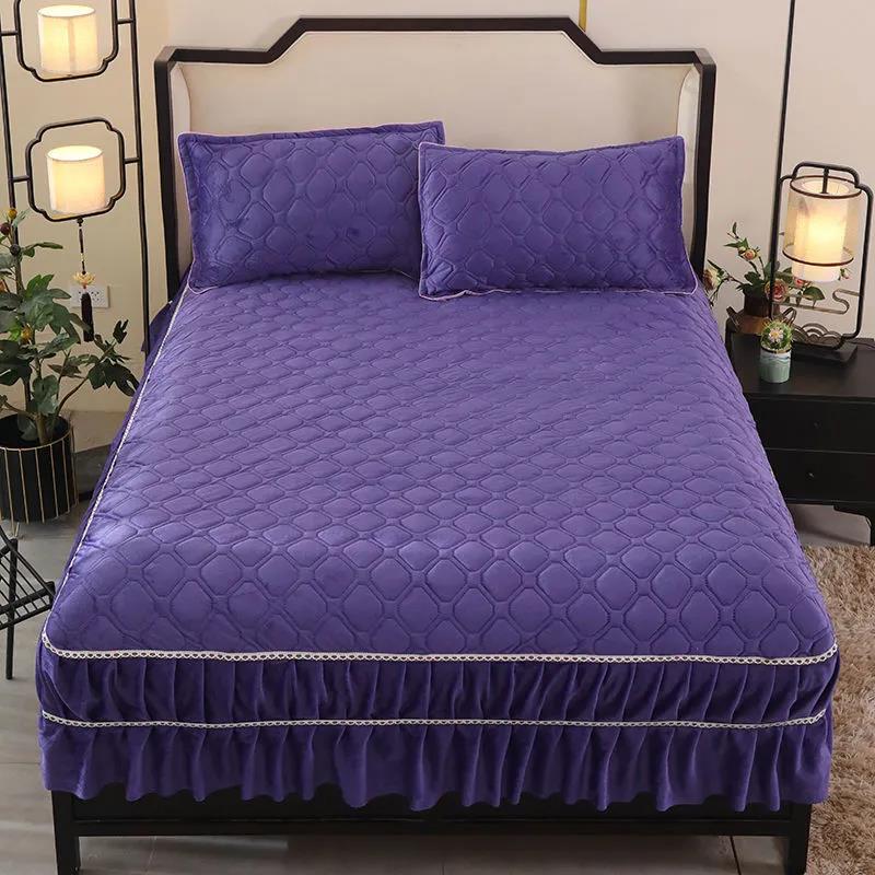 Winter Crystal Velvet Bedspread Double-layer Thick Quilted Printing Thick Velvet Mattress Cover Sheet Non-slip Protective Cover