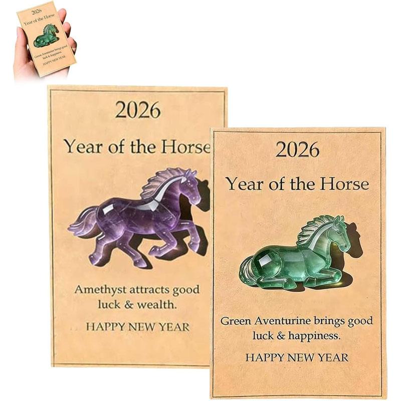 Lucky Crystal Horse a Symbol of Strength New Beginnings 2026, Horse Year Zodiac Blessing Souvenir, Lucky Green Aventurine Horse Figurine with Card