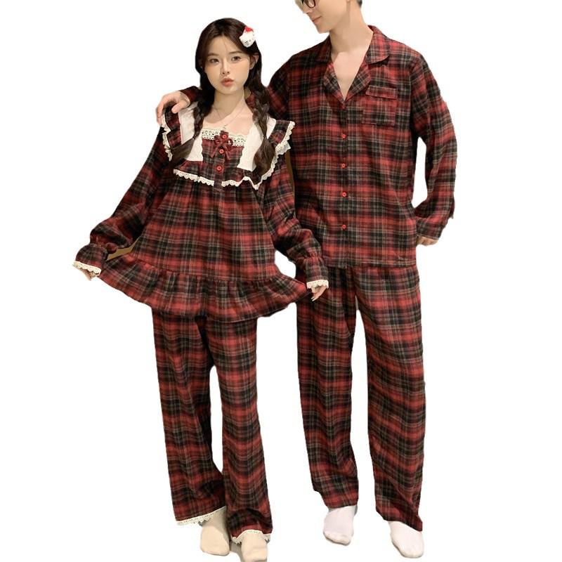 Korean Style Autumn/Winter Couples Red Plaid Lace Homewear Set: Comfortable and Sweet.