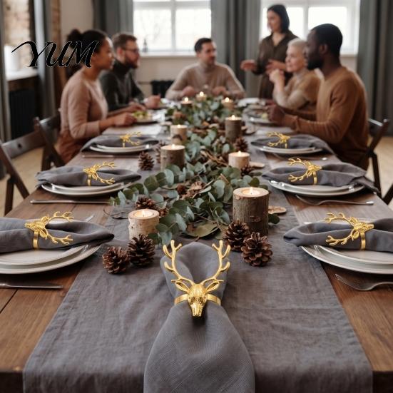 Rustic Woodland Party Decor Christmas Deer Napkin Ring, Metal Elk Head Holder, Reusable Gold Holders Holiday Ring for Dining Table Winter Elegant