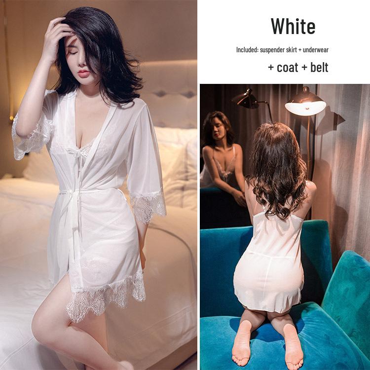 Ensemble de Lingerie en Dentelle Grande Taille 3 Pièces: Nuisette camisole d'été sexy en soie glacée transparente.