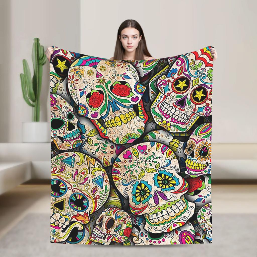 Sugar Skull Rose Halloween Knitted Blanket Flannel Gothic Day of the Dead Warm Throw Blankets for Bed Bedspread