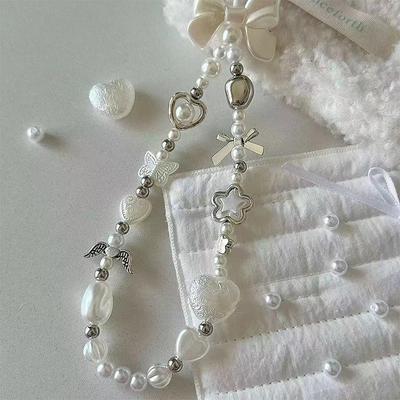 Ins Cute White Bow Heart Pearl Beads Beaded Phone Chain Hanging Rope Anti-Lost Lanyard Hanging Ornament For Phone Ccd Camera