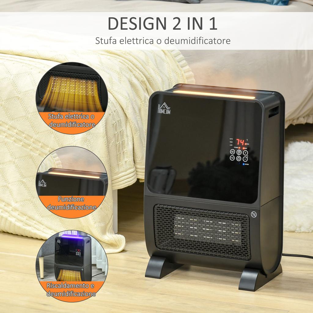 2-in-1 Electric Heater with Humidifier, 3-Color LED Light, Timer and Remote Control, 33x21x49.5 Cm, Black