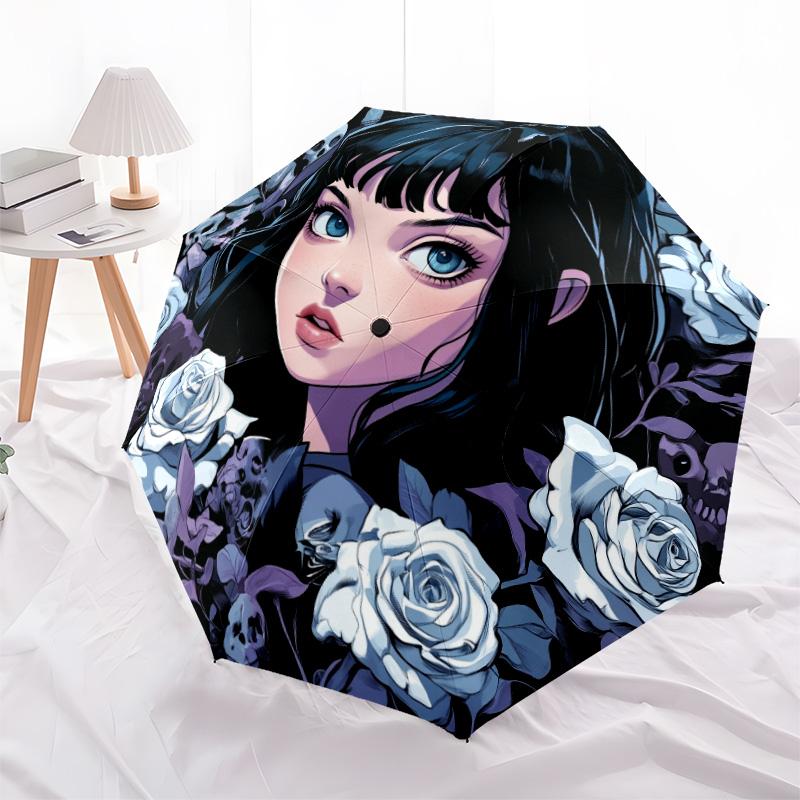 Black Cat Girl pattern, automatic folding umbrella, portable and foldable design, 8 ribs, a Christmas or birthday gift.