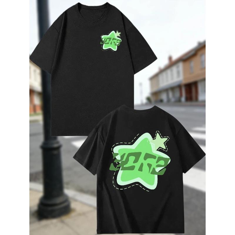 European sizes Black Retro Double Sided Print Tee Casual Short Sleeve Green Neon Star Graphic Y2K Streetwear Harajuku Style Futuristic Lettering