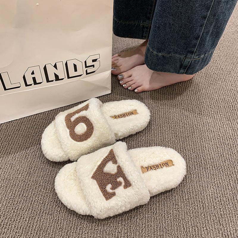 Fashionable letters wear thick-soled fluffy slippers 2025 new suede one-word drag autumn and winter warm cotton drag women's shoes