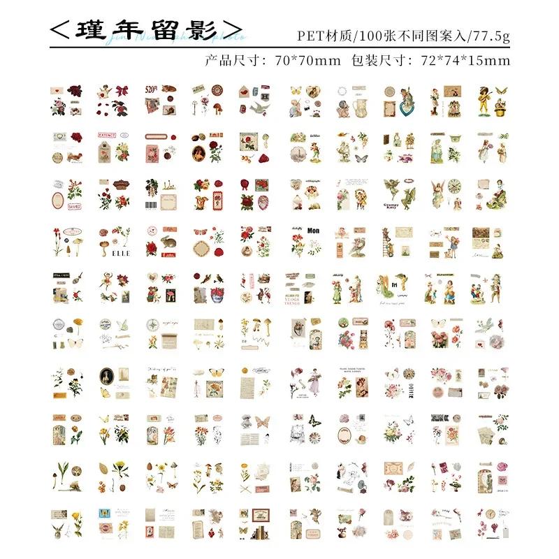 100 Sheetsbox Retro Years Vintage Waterproof Pet Scrapbooking Diy Creative Material Collages Big Volum Journaling Stickers