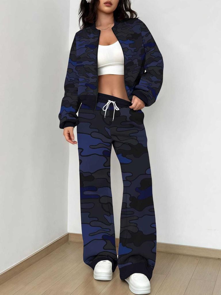 Simple Autumn and Winter New European and American Women's Clothing Yellow-green Camouflage Printing Suit Women