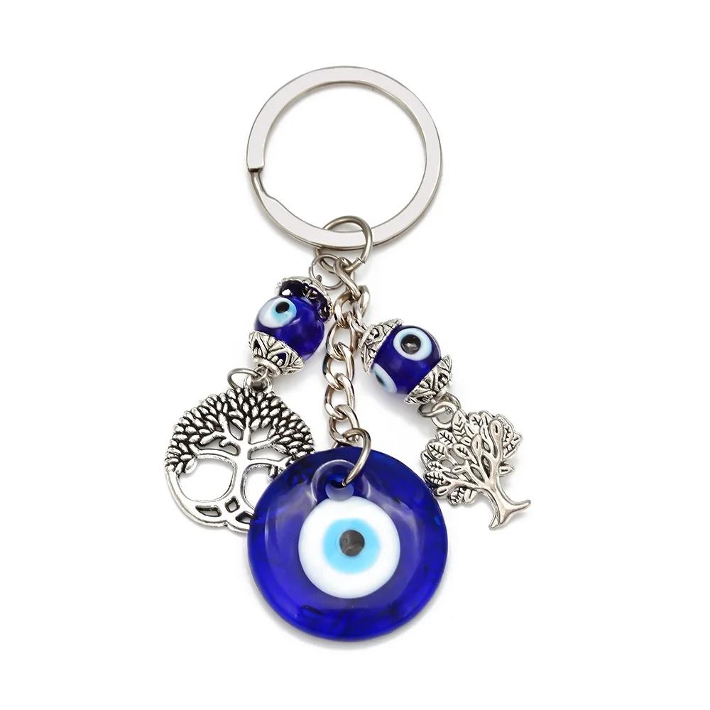 Lucky Eye Alloy Fatima Hand Elephant Owl Tree of Life Keychain Blue Turkish Evil Eye Key Chain Car Keyring for Women Men Jewelry