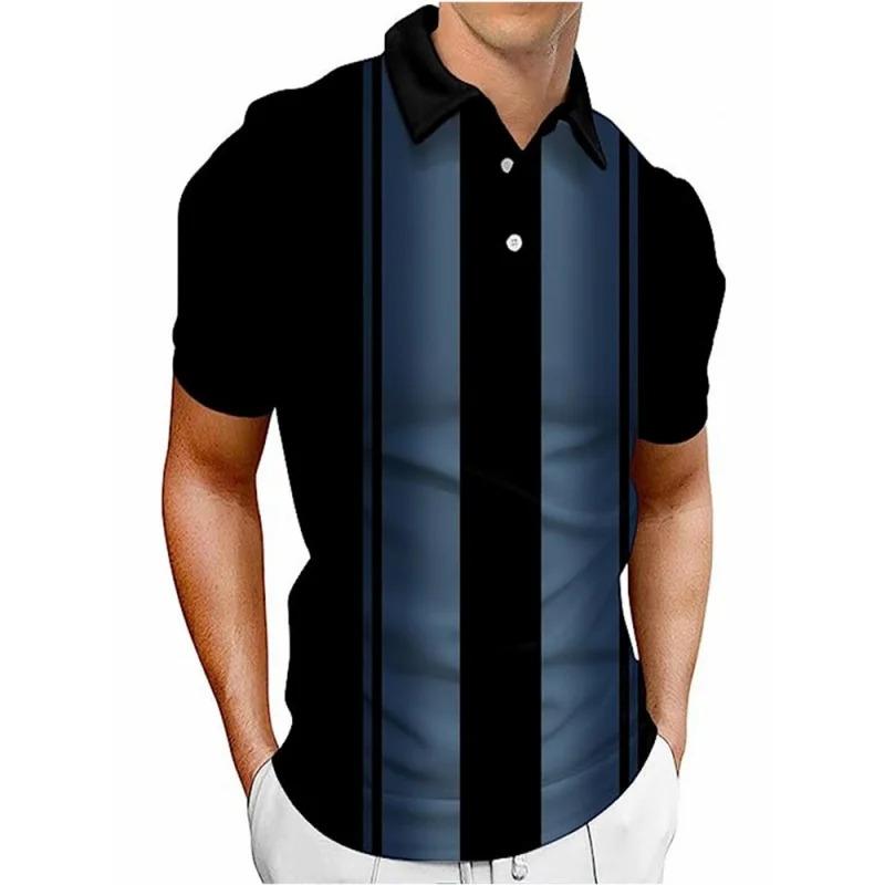 

3d printed color striped polo shirt, men s color block pattern short-sleeved T-shirt, summer casual lapel top, large T-shirt 5XL