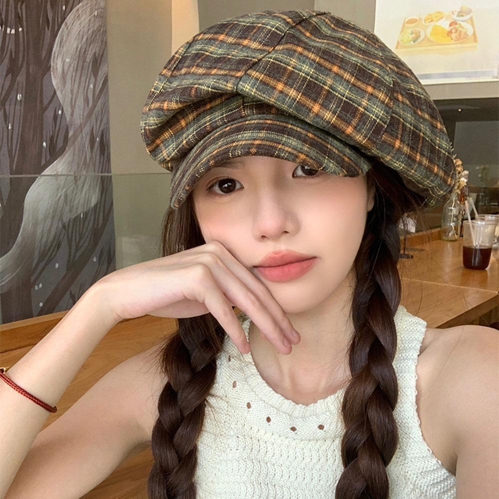 Cotton Grid Beret Cap Thin Women Octagonal Hat Vintage Plaid Cloud Cap  Girls
