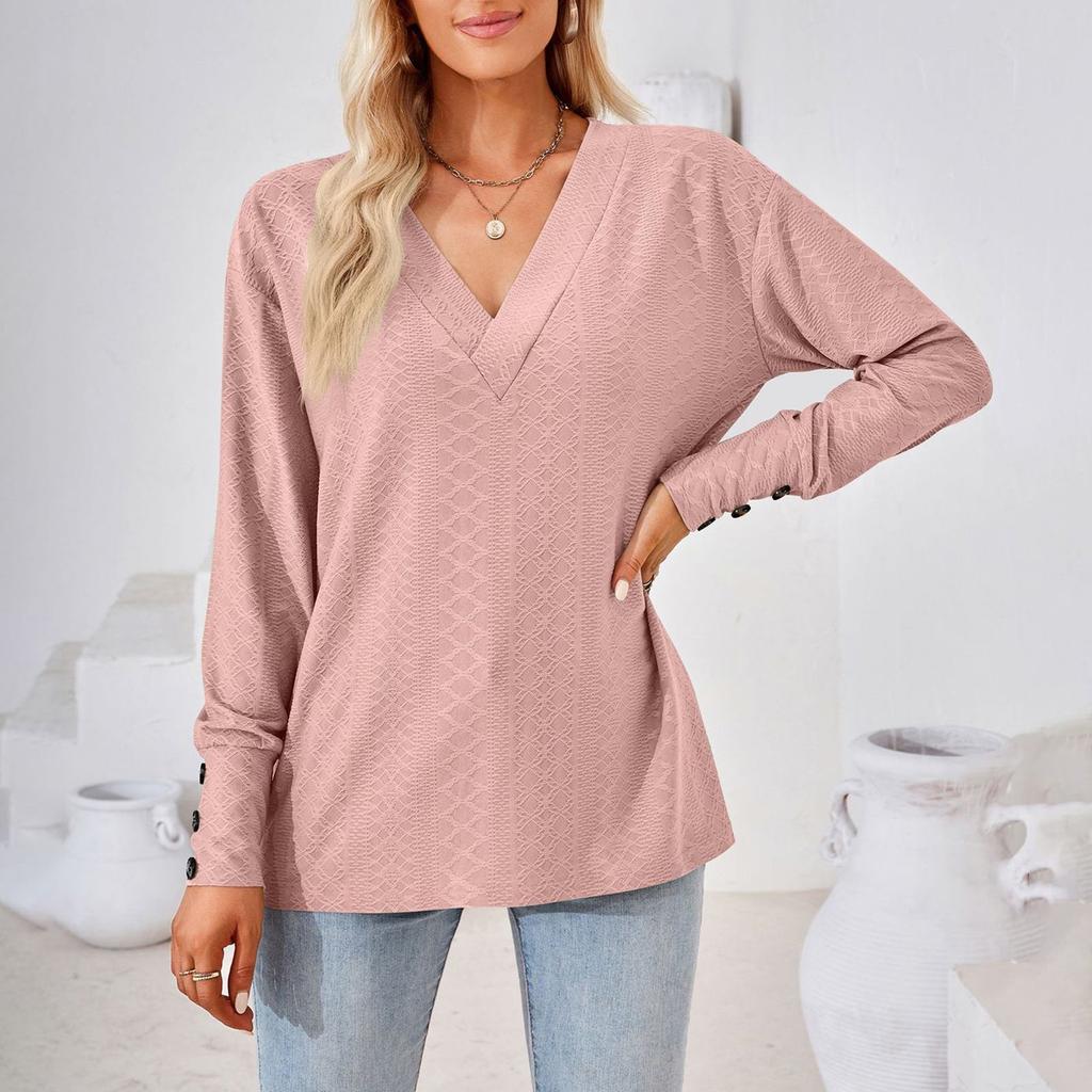 Women's Casual Fashion Colour V-Neck T-Shirt Button Decoration Loose Top