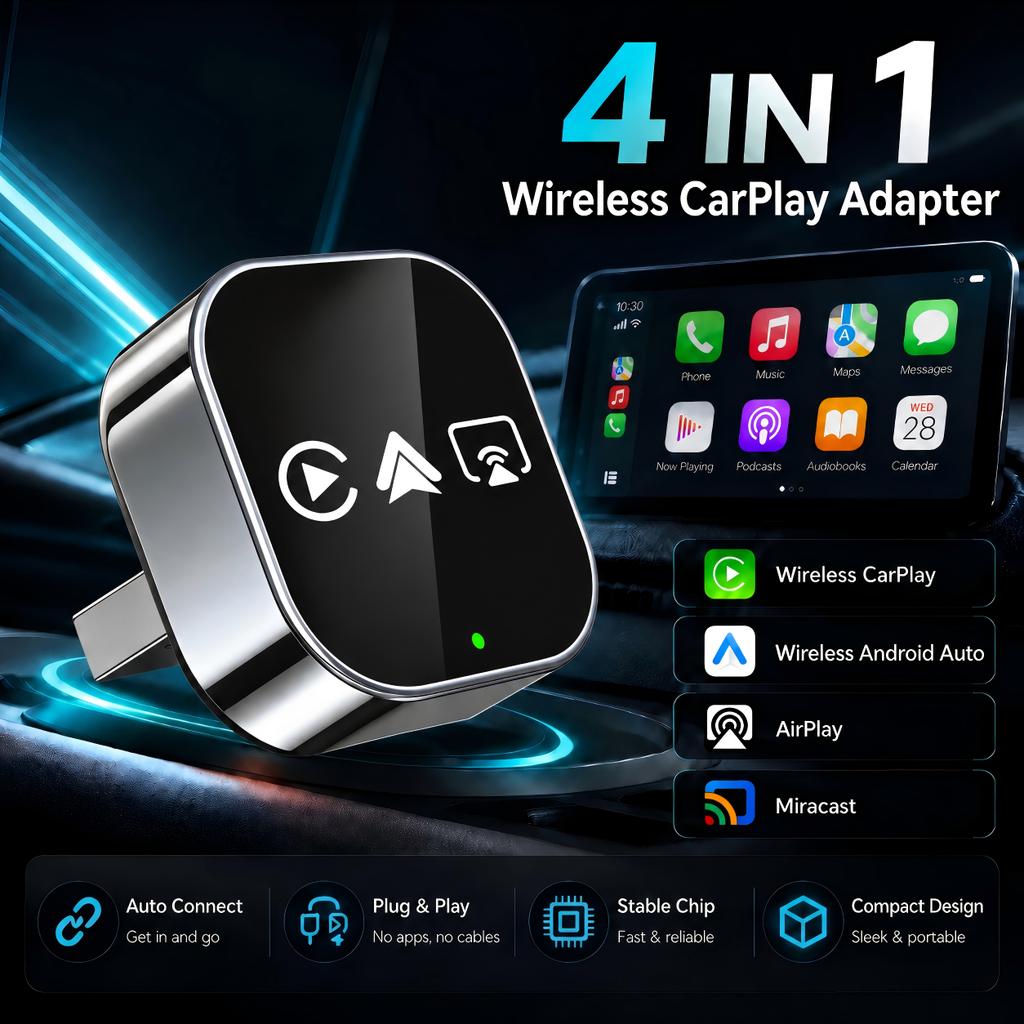 4 In 1 Smart Car Dongle Wireless CarPlay & Android Auto Adapter Wired To Wireless Converter AirPlay Miracast Screen Mirroring