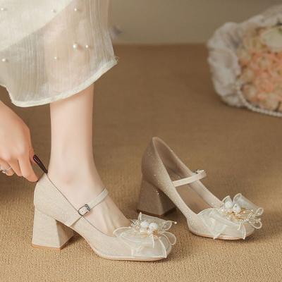 Mary Jane Shoes Girl 2025 New Square Head One-word Bow Single Shoes Pearl Versatile Fairy Style High Heels