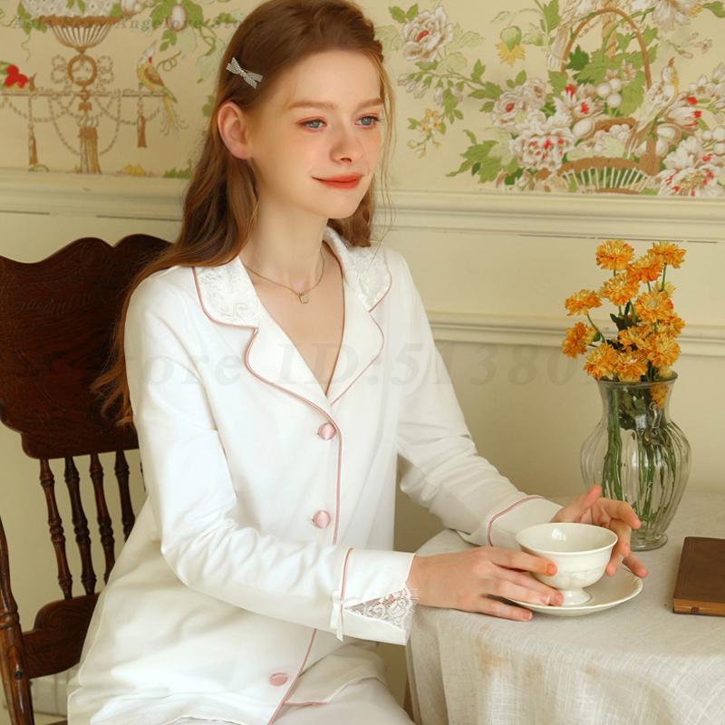 Female Luxury Elegant Pajamas Suit Sexy Lace Patchwork Home Clothes Sleepwear Long Sleeved Trousers 2PCS Pyjamas Set Lounge Wear