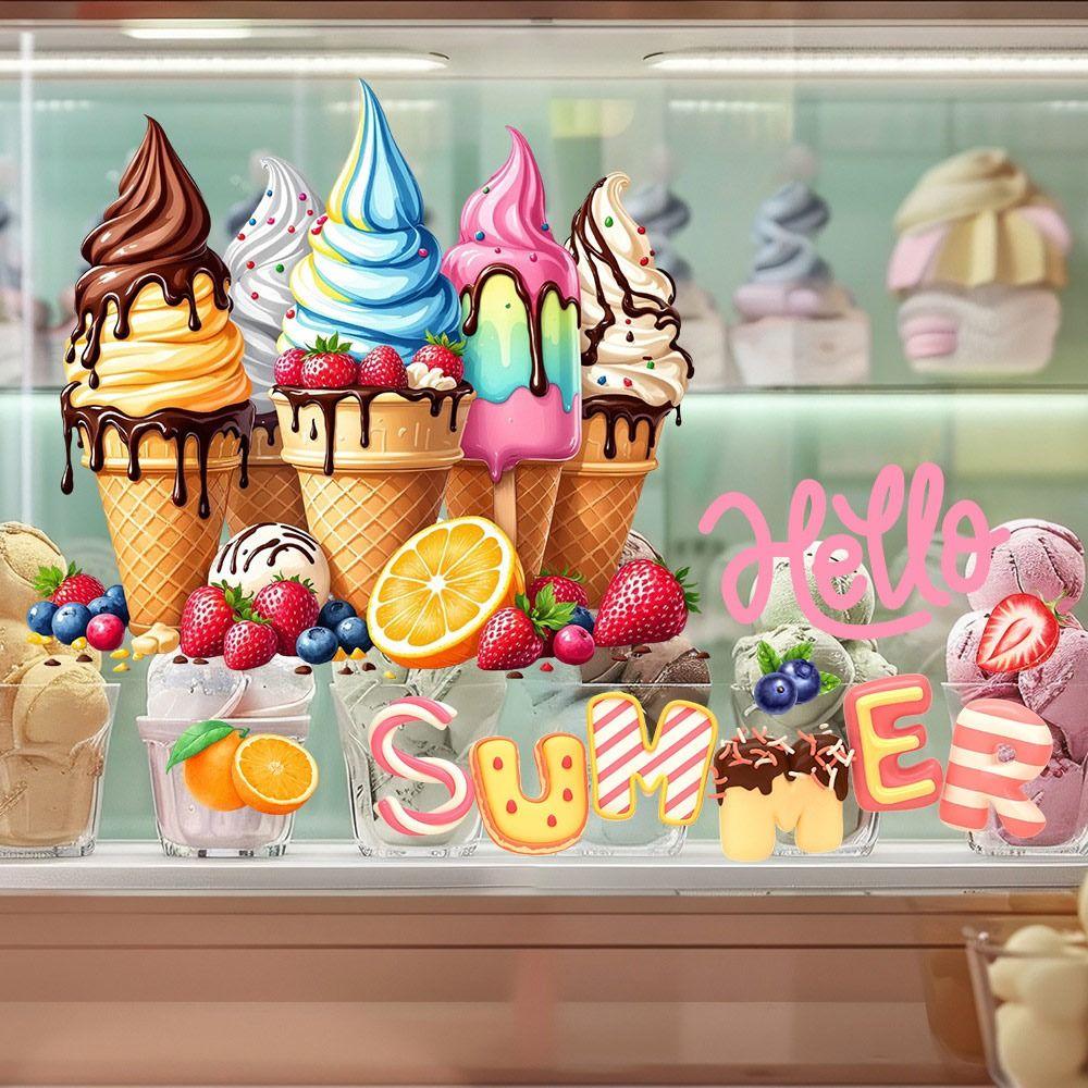 Cartoon Ice Cream Static Window Sticker Multicolor Glass Door Decals Cafe Bread Shop