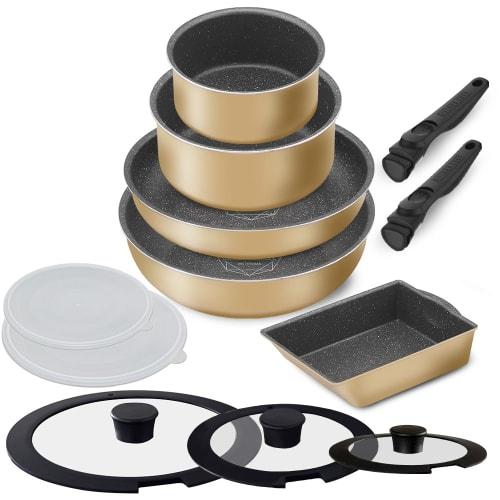 Iris Ohyama 12-Piece Frying Pan and Pot Set, Gas Stovetop Only, Lightweight, Easy To Clean, Diamond-Coated Pan with Removable Handles, Clay Beige, DCG