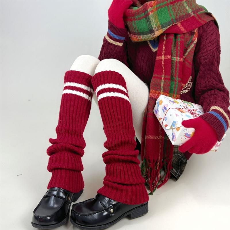 Women Thicken Ribbed Knit Leg Warmer Preppy Style Double Striped Leg Covers Snow Boot Cuffs Over Knee Stacked Long Socks