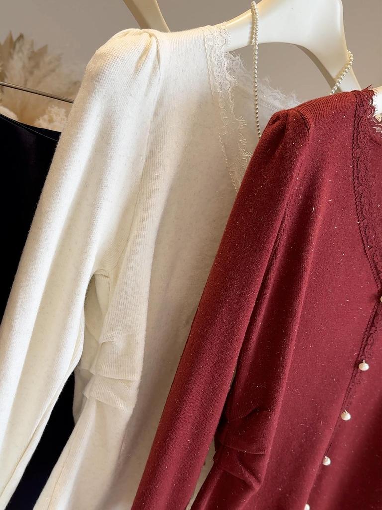 Pull-over pour femme à col en V avec patchwork de dentelle scintillante - Tricot polyvalent de couleur unie pour l'automne 2025