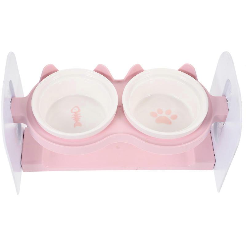 Ceramic Cat Food Bowl Double Bowls Protect Neck Health Pink 1Set