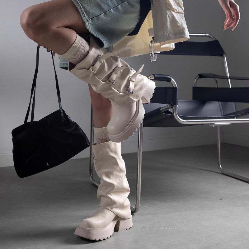 Fashion Autumn Winter 2025 New Platform Block Heel Mid-tube Boots Women's Round Toe Metal Buckle Platform Belt Buckle High Heel Boots