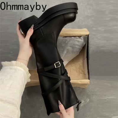 Winter Vintage Platform Thick Sole Woman Knee High Boots Fashion Belt Buckle Front Zipper Shoes Ladies Slim Knight Long Botas
