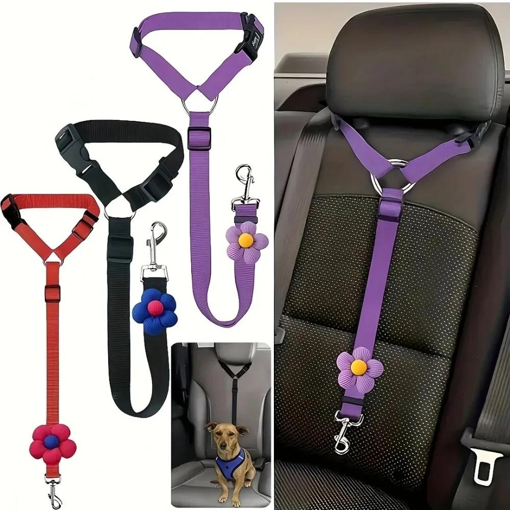 1Pcs 40-70cm Adjustable Pet Car Seat Belt Dog Cat Safety Harness Leash with Flower Decor for Dogs Travel Collar Pet Accessories