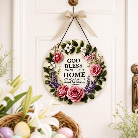 Gott Segne Dieses Haus Holzschild für Tür, Runde Florale Wanddekoration, Christliches Glaubens-Segensschild, Warme Willkommens-Veranda-Hängedekoration, Bedeutungsvolle Einweihungsfeier
