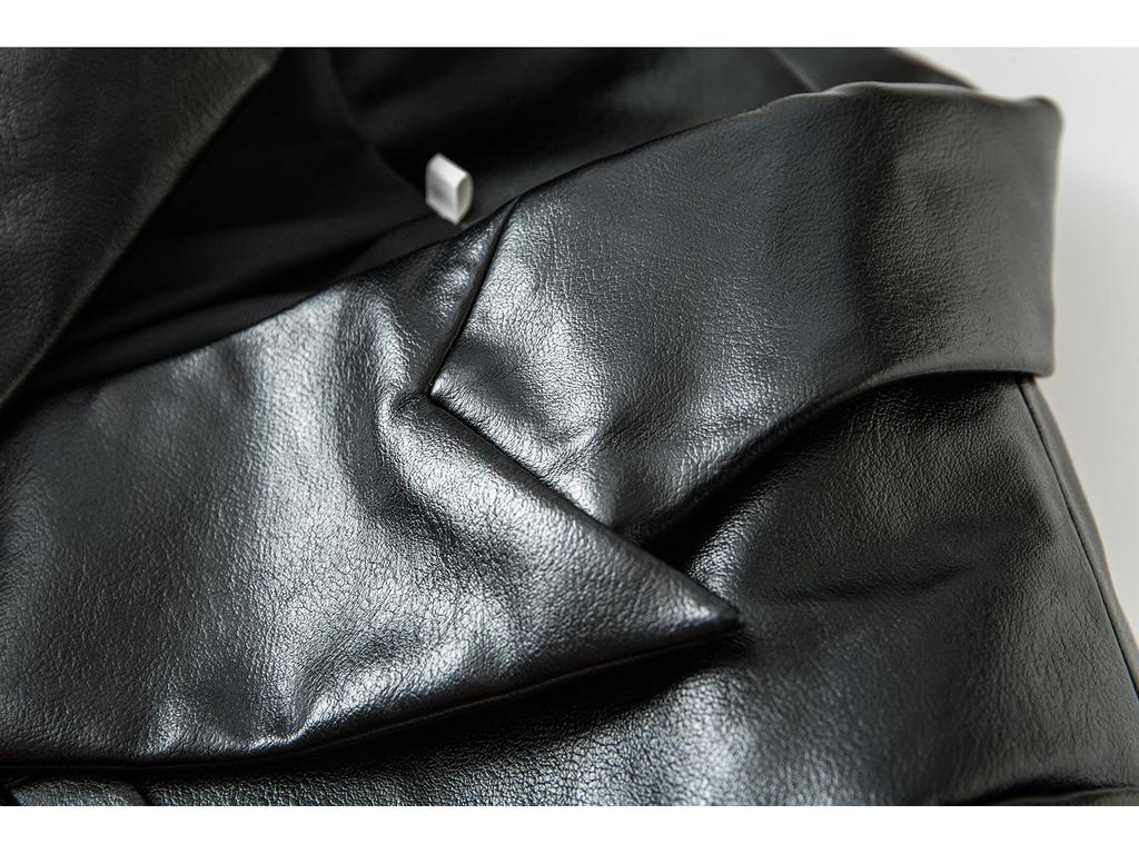 Black Long Sleeve Slim Fit Faux Leather Jacket with Suit Collar - Fall/Winter Collection