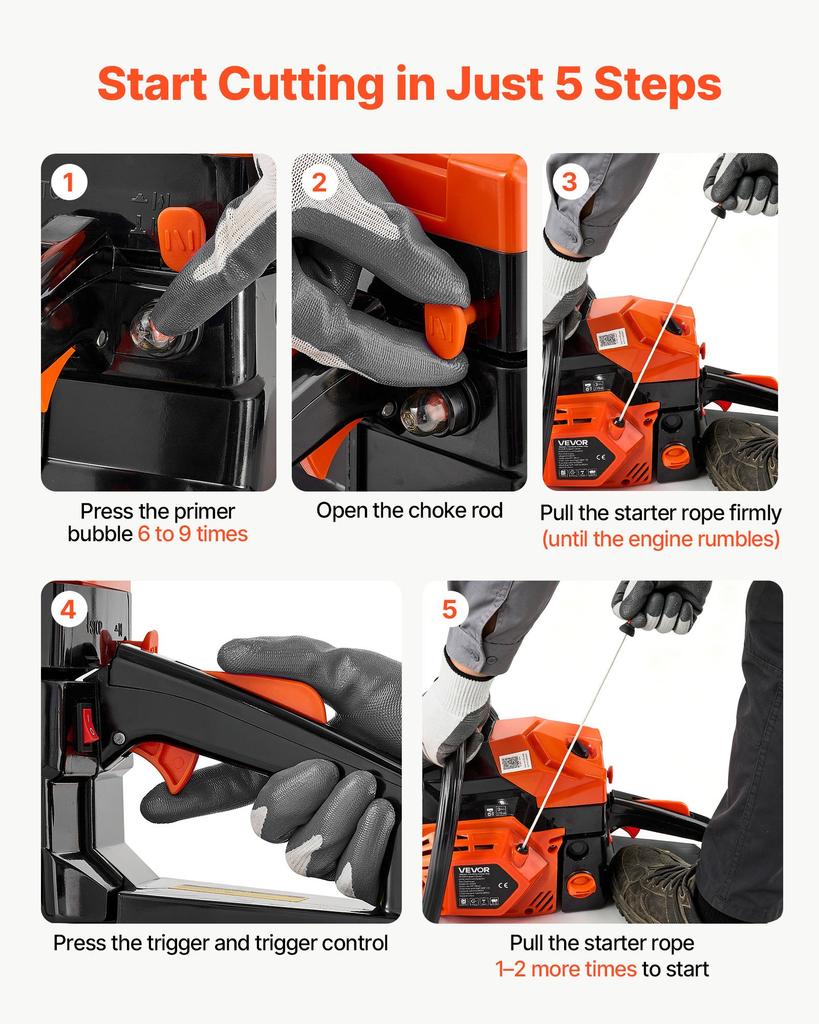 VEVOR Gas Powered Chainsaw 508 & 558.8 mm 62CC 2.7kW 2 Stroke Engine Saw, for Wood Cutting, Tree Trimming & Land Clearing