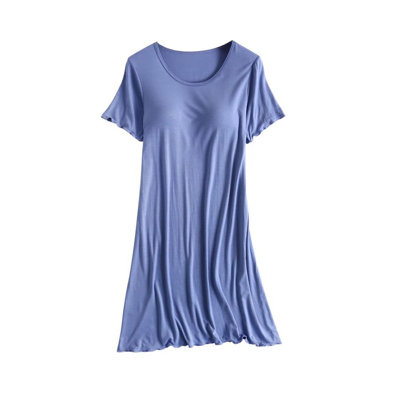 Women Casual Short Sleeve Nightgown Solid Color Pajama Dress with Bra Pad