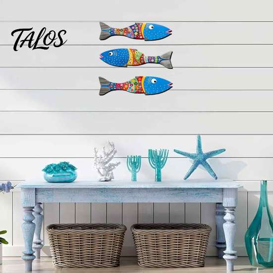 Wooden Fish Wall Art 3Pcs Decor, Boho Polka Dot Painted Ornaments, Ocean Modern Minimalist Theme Hanging for Bathroom Nursery Bedroom Living