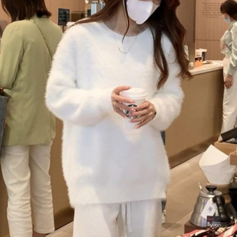 2025 Autumn/Winter Women's White Mink Velvet Sweater - Soft Mohair, Retro Japanese Style, Cozy Outerwear.