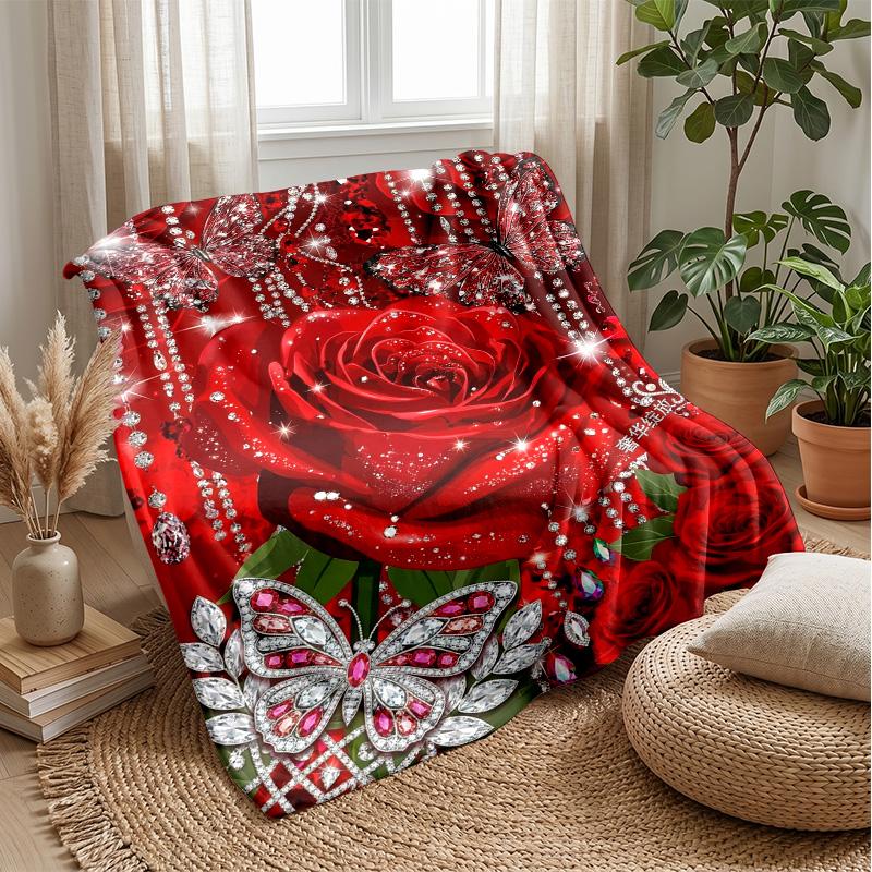 Red Rose with Jeweled Butterflies Theme Blanket Lightweight Warm Flannel Blanket Decorative Throw Blanket for Home Decoration