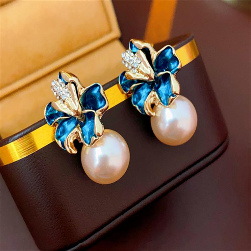 

Модные серьги-гвоздики с бриллиантами и французским цветком и жемчугом для женщин, серьги-гвоздики для девочек, подарок Brincos синий