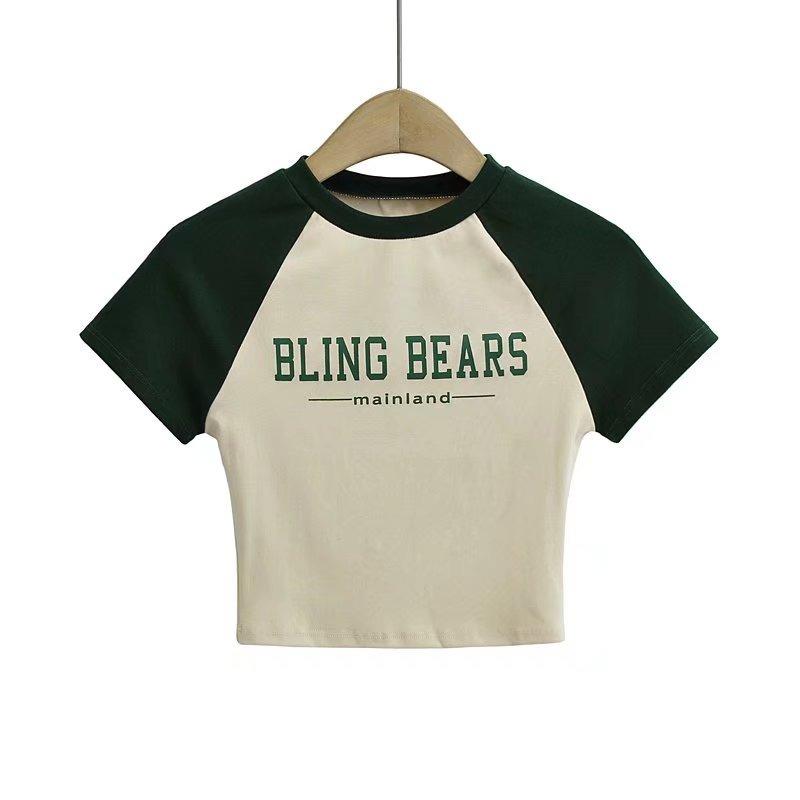 Color Blocking Letter Tight Fitting Short Sleeved Women'S New Style With Crop Top And Shoulder Sleeves T-Shirt Top