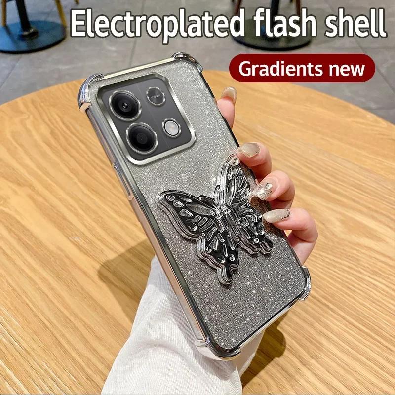 

3D Чехол-подставка Бабочка с гальваническим покрытием для Xiaomi Redmi 15C Note 15 Note 14 Pro Plus 14C POCO C85 4G 5G Противоударная крышка с подставкой Redmi 15C 4G 171MM